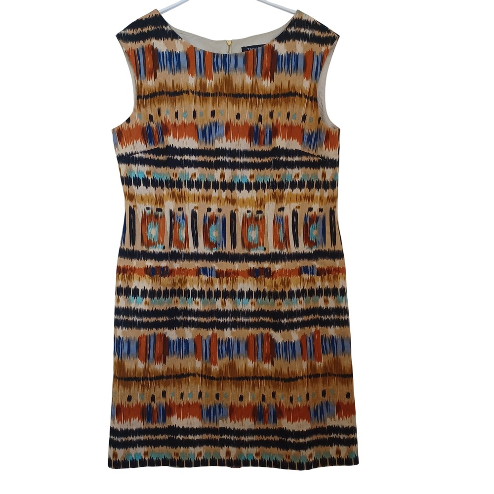 Tahari Arthur S Levine Womens 12 Linen Blend Ikat Tribal Print Shift Dress Multi